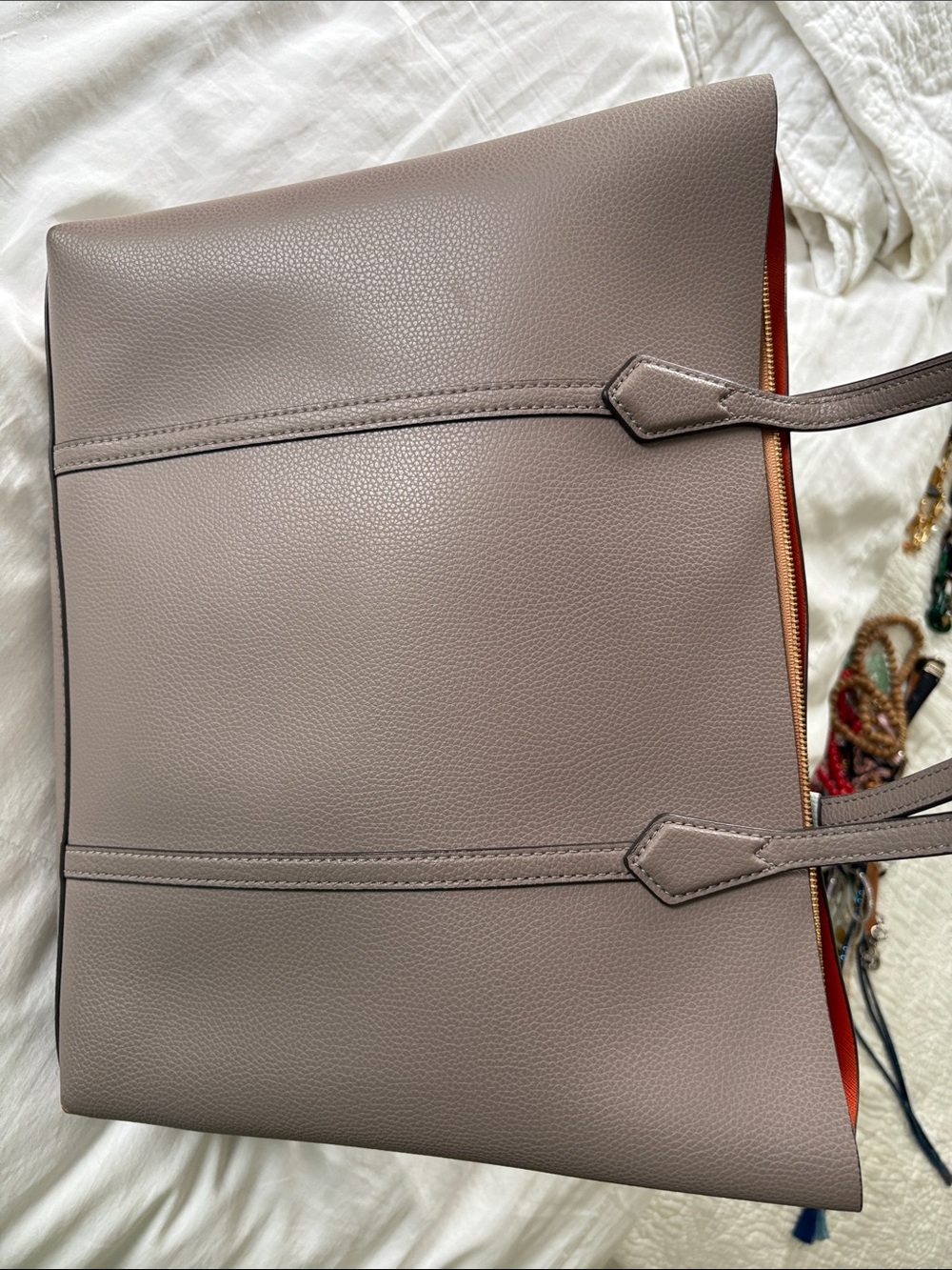 Tory Burch Taupe Perry Triple Com Leather Tote with 🍊 Interior - Picture 3 of 8